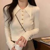 アイボリー | 大襟×金ボタンで上品に パワショル風 リブニット長袖ポロ | Beststore
