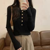 ブラック | 大襟×金ボタンで上品に パワショル風 リブニット長袖ポロ | Beststore
