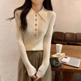 大襟×金ボタンで上品に パワショル風 リブニット長袖ポロ | Beststore | 詳細画像4