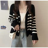 ブラック | ボーダー柄 Vネック ニットカーディガン ルーズシルエット ショット | Beststore
