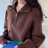 ブラウン | ハーフジップ ニットトップス ざっくり編み ハイネック ショート丈 秋冬 | Beststore