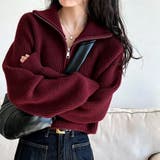 ボルドー | ハーフジップ ニットトップス ざっくり編み ハイネック ショート丈 秋冬 | Beststore
