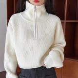 オフホワイト | ハーフジップ ニットトップス ざっくり編み ハイネック ショート丈 秋冬 | Beststore