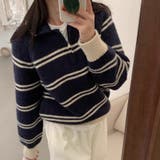 ネイビー | ボーダー柄 ハーフジップニット プルオーバー 襟付き セーター レディース | Beststore