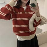 ワインレッド | ボーダー柄 ハーフジップニット プルオーバー 襟付き セーター レディース | Beststore