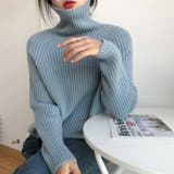 ブルー | 【全10色】ふんわり暖か リブ編みタートルネックニットトップス ラグランスリーブ | Beststore