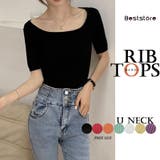 ブラック | UネックカラーTシャツ カットソートップス Tシャツ | Beststore