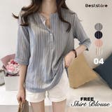 グレー | ストライプ シャツブラウス 半袖 | Beststore