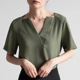 カーキ | キーネック 半袖 シャツブラウス | Beststore