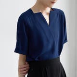 ネイビー | キーネック 半袖 シャツブラウス | Beststore