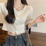 ベージュ | フリルデザインが可愛い Vネックリブニット 半袖 | Beststore
