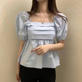 ブルー | パフスリーブ＆スクエアネック フロントプリーツ ペプラムブラウス | Beststore