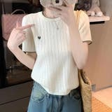 アイボリー | ハート刺繍 配色サマーニットトップス 半袖 | Beststore
