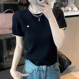 ブラック | ハート刺繍 配色サマーニットトップス 半袖 | Beststore