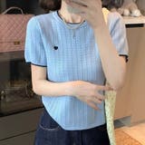 ブルー | ハート刺繍 配色サマーニットトップス 半袖 | Beststore