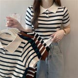 ボーダー柄 襟付きショート丈 サマーニットポロシャツ | Beststore | 詳細画像2