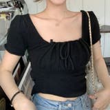 ブラック | スクエアネック リボン シャーリング | Beststore