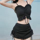 ブラック | 水着 フリルレースアップリボンビキニ 2点セット水着 レディース | Beststore