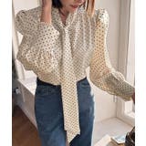 ホワイト | ドット ネックリボン ブラウス | Bifrost