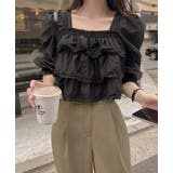 ブラック | フリル レース クロップド ブラウス | Bifrost