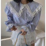 ブルー | ビッグカラー レース ストライプ ブラウス | Bifrost