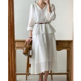 ホワイト | V ネック ペプラム ロングワンピース ベルト付き | Bifrost