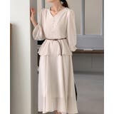 ベージュ | V ネック ペプラム ロングワンピース ベルト付き | Bifrost