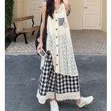 ベージュ | 透かし編み ベスト チェック パンツ セット | Bifrost