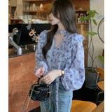 ブルー | パフスリーブ 花柄 チョーカー付きトップス | Bifrost