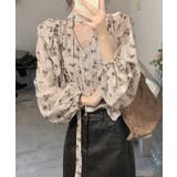 ブラウン | パフスリーブ 花柄 チョーカー付きトップス | Bifrost