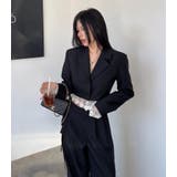 ブラック | レース切り替え クロップドジャケット タックワイドパンツ セットアップ | Bifrost