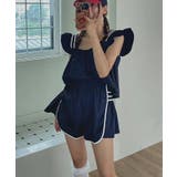 ネイビー | フリルスリーブ ギャザートップス × イージーショートパンツ セットアップ | Bifrost