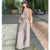 キャメル | ストライプクロップドトップス × ハイウエストタックワイドパンツ セットアップ | Bifrost