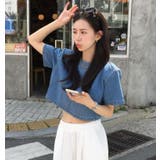ライトブルー | 丸首 半袖 クロップドデニムブラウス | Bifrost