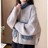 グレー | デニムパッチワーク フルジッパー ルーズフィット ニットカーディガン | Bifrost