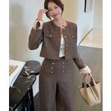 ブラウン | ミニマル丸ネックショート メタルボタン ワイドレッグ セット | Bifrost