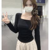 ブラック | シルエットが美しいスクエアネックロングスリーブトップス | Bifrost