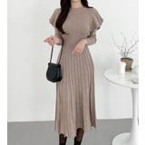 ベージュ | フリル袖プリーツニットロングワンピース | Bifrost