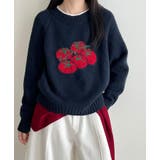 ネイビー | トマト刺繍デザインの可愛らしいニットセーター | Bifrost