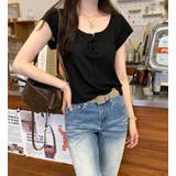 ブラック | レースアップ U ネックショートスリーブ T シャツ | Bifrost