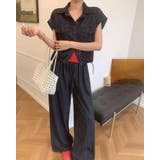 ダークブルー | ショートスリーブデニムシャツ+ウエストドローストリングワイドレグデニムパンツ | Bifrost
