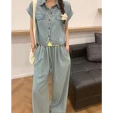 ライトブルー | ショートスリーブデニムシャツ+ウエストドローストリングワイドレグデニムパンツ | Bifrost