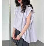 パープル | シンプルフリルスリーブノーカラートップ | Bifrost