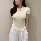 ベージュ | ポロカット ショートスリーブ リブニット トップス | Bifrost