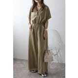 LIGHT-KHAKI | ウエスト切替Vネックオールインワン 77-003799 | BONJOUR SAGAN