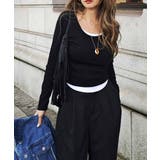 ブラック | レイヤードロングスリーブトップスesutoreja カットソー スタイルアップ | BUYSENSE