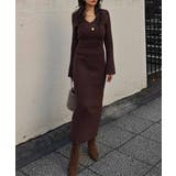 ブラウン | Vネックリブニットワンピースesutoreja ワンピース スタイルアップ | BUYSENSE