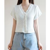 レースパンチングVネック半袖クロップドニットカーディガン | by muni:r | 詳細画像14