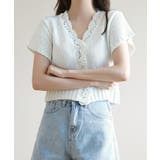 アイボリー | レースパンチングVネック半袖クロップドニットカーディガン | by muni:r