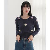 ネイビー | フラワー パターン ラブリー ニット | by muni:r